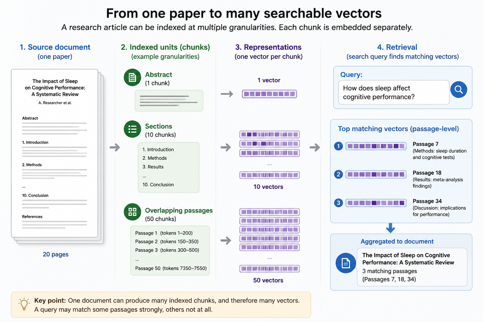 A paper split into many searchable chunks and vectors