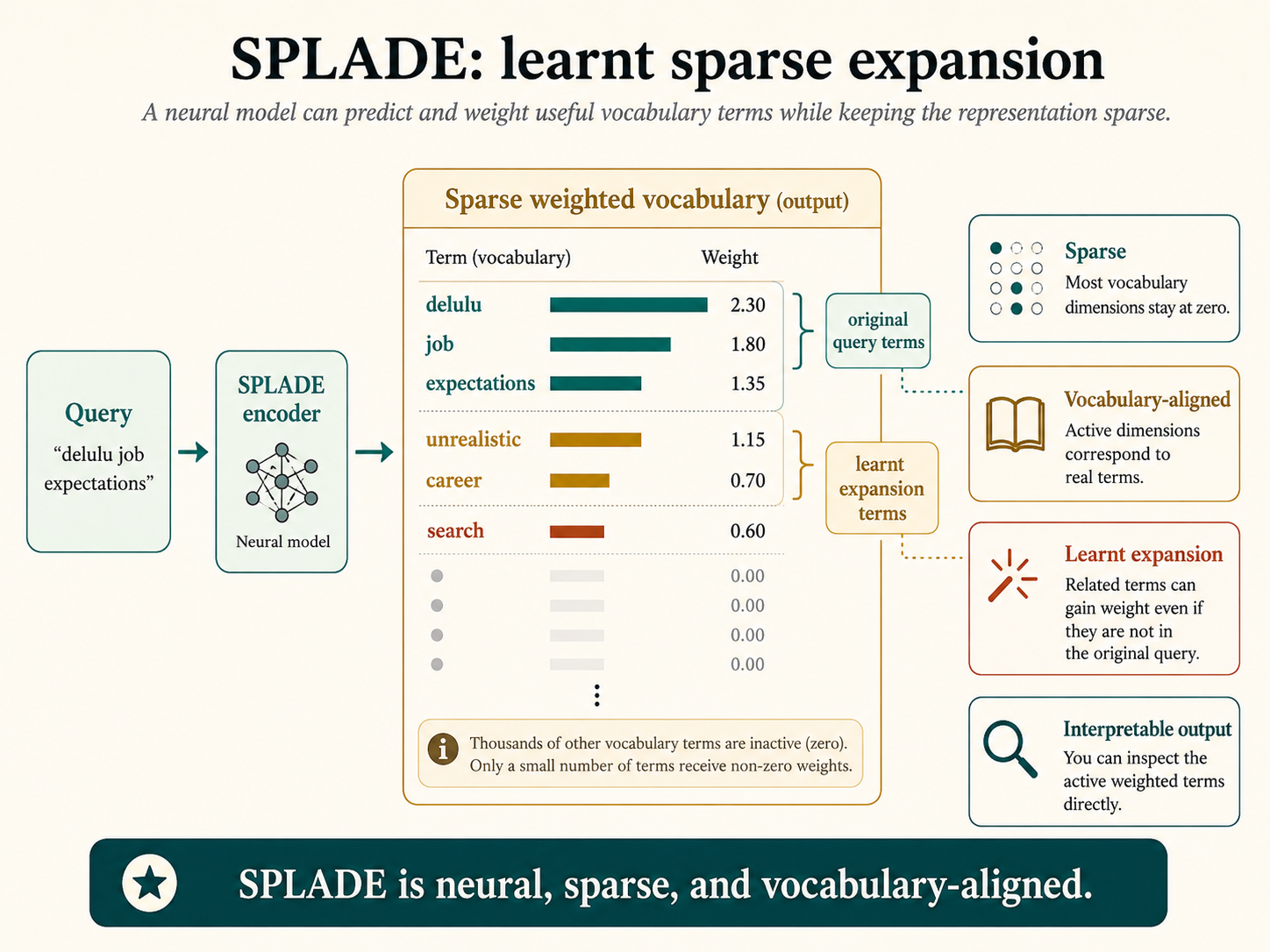 SPLADE learns a sparse, vocabulary-aligned expansion