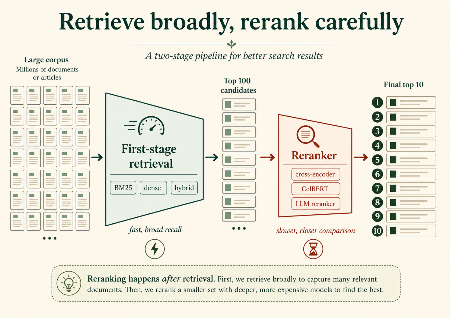 Retrieve broadly, then rerank a shortlist more carefully