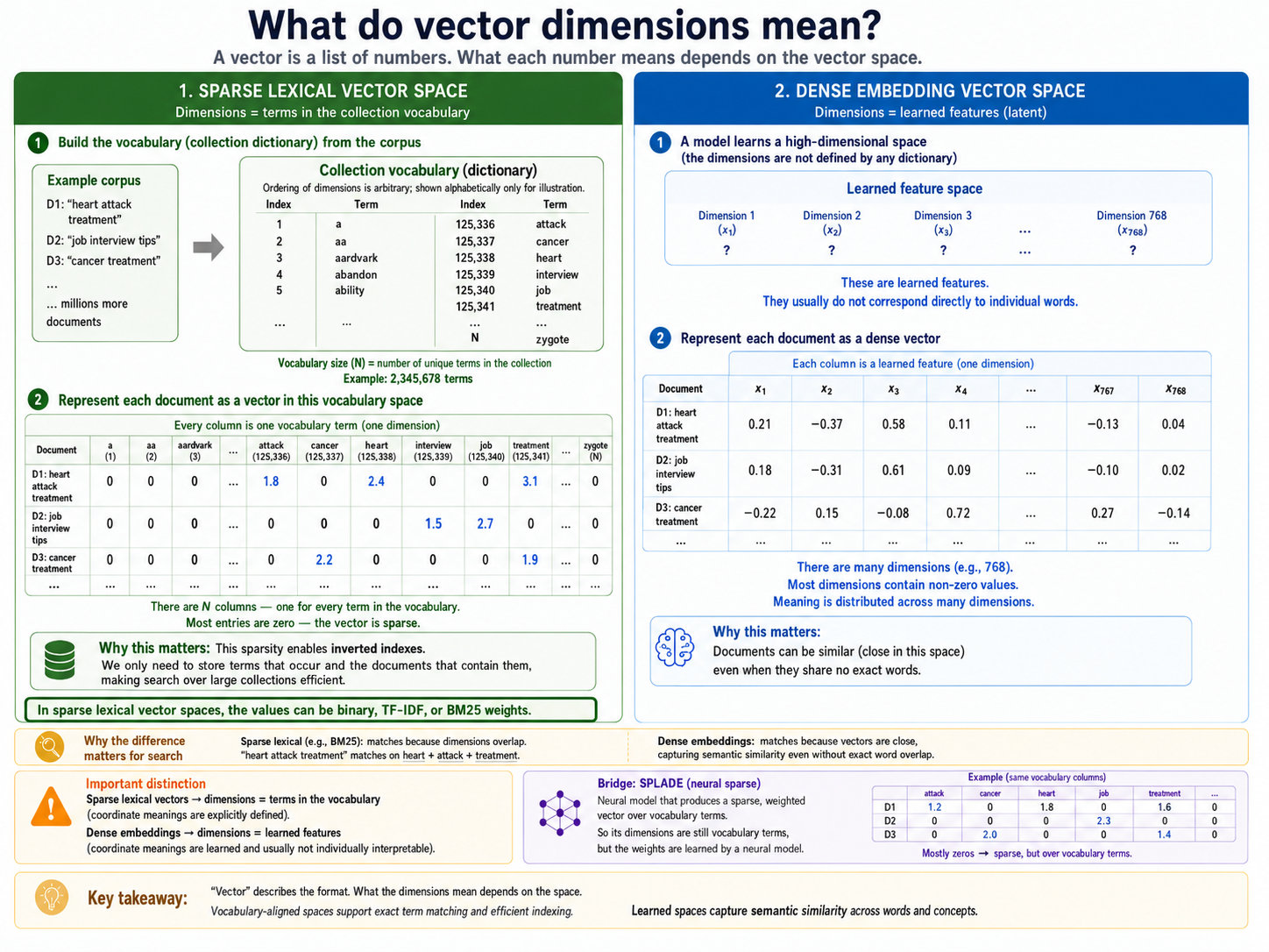 A side-by-side explanation of vector dimensions. In a sparse lexical space, a collection dictionary supplies one interpretable term dimension per column and most values are zero. In a dense embedding space, a model learns many latent dimensions, most values are non-zero and individual coordinates usually do not correspond to words. A lower panel contrasts the two approaches and shows SPLADE as a learnt sparse bridge that retains vocabulary dimensions.