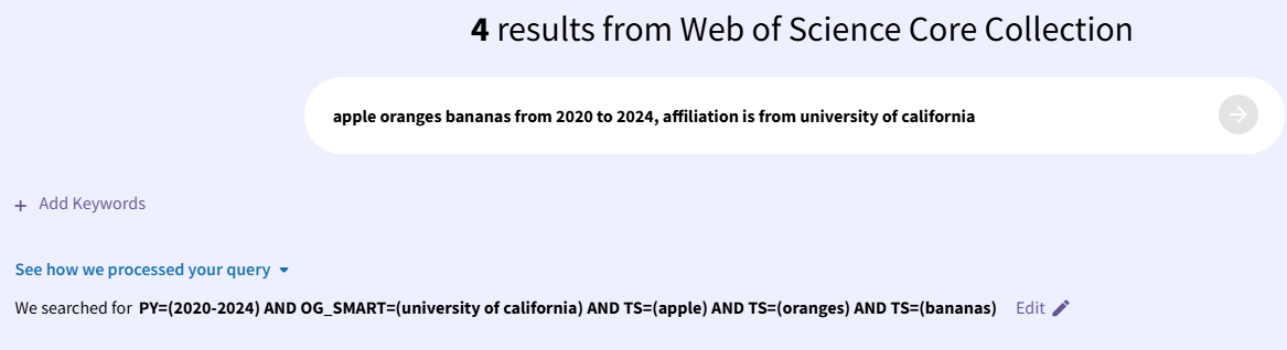 Web of Science Smart Search translating a natural-language request about dates, affiliation, apples, oranges and bananas into a structured fielded query