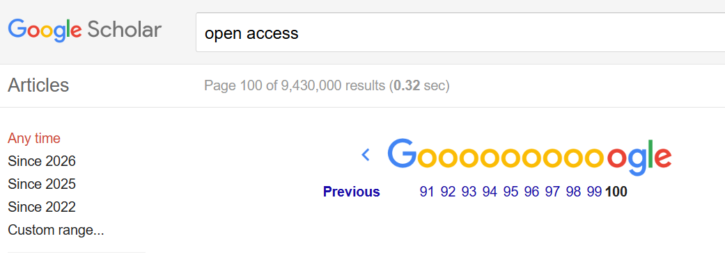 Google Scholar page 100 for an open access search reporting about 9.4 million results