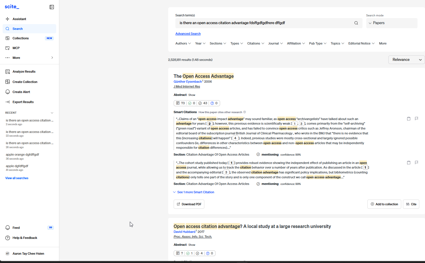 Scite paper search returning results for a meaningful open-access question followed by an invented string